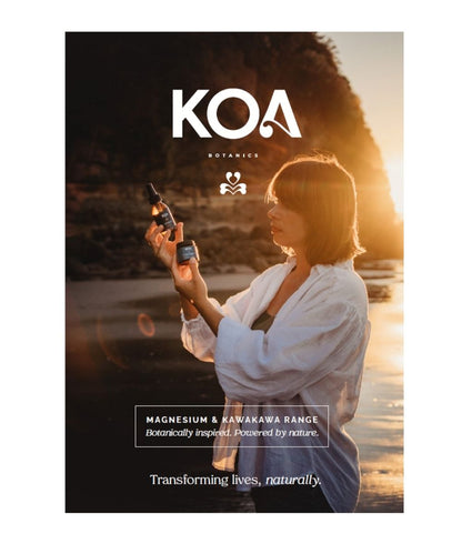 Woman holding a bottle and jar of magnesium with KOA Botanics branding on a scenic background