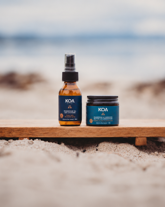 Lemongrass Magnesium Butter and Sweet Orange Magnesium Oil fro KOA Botanics in the beach