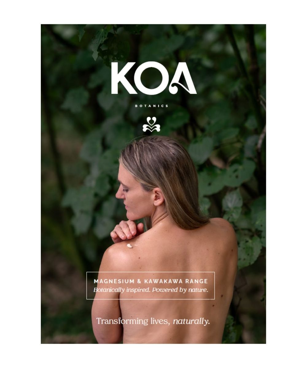 A5 POS KOA Botanics branding in a natural kawakawa setting.