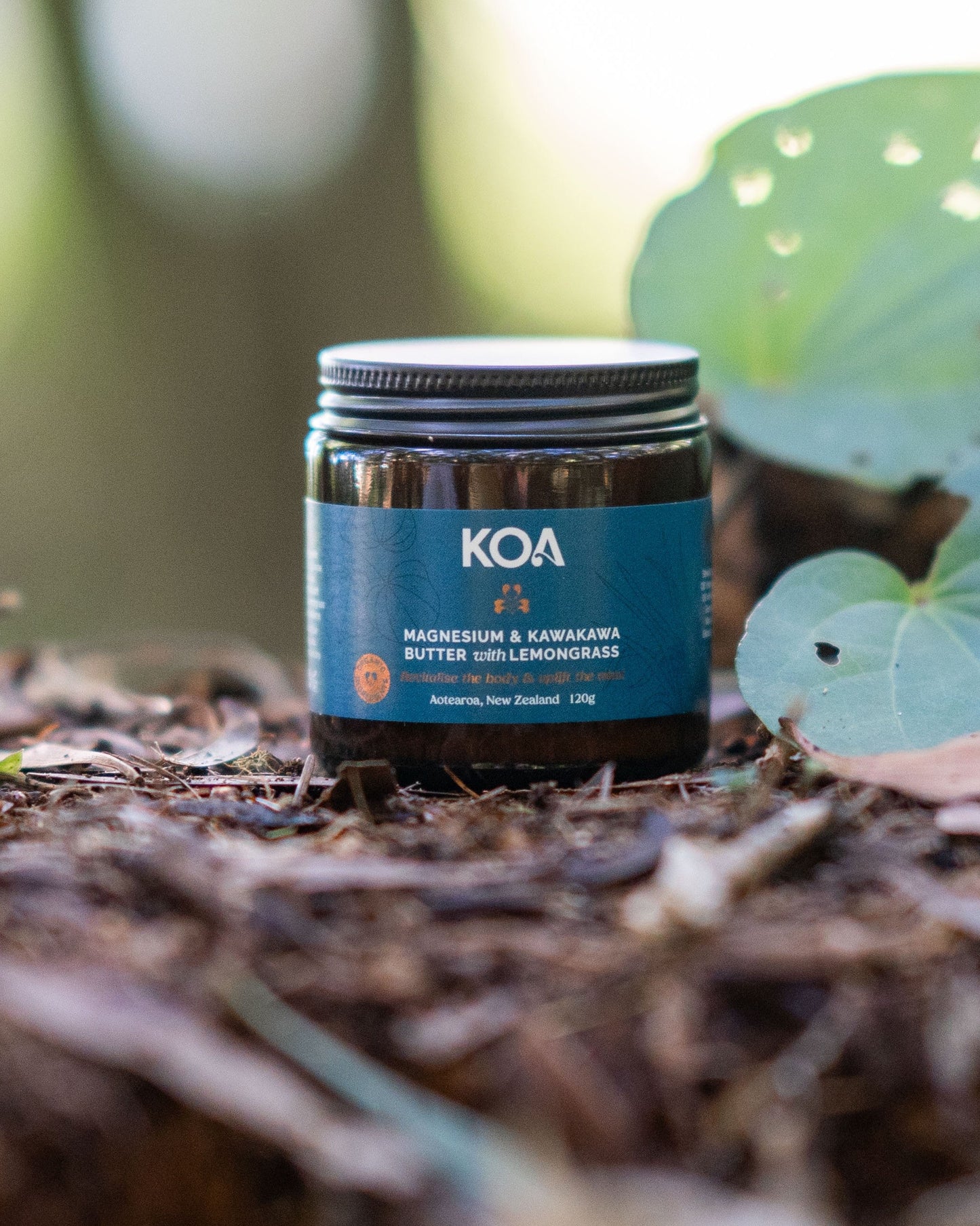 A small dark glass jar with a teal label reading KOA, placed on forest floor mulch with blurred green leaves and tree trunks in the background.