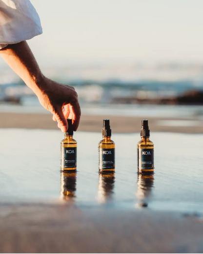 Thre KOA bottle are lined up on wet sand at the beach, with a person's hand reaching for the left bottle in a warm outdoor setting.